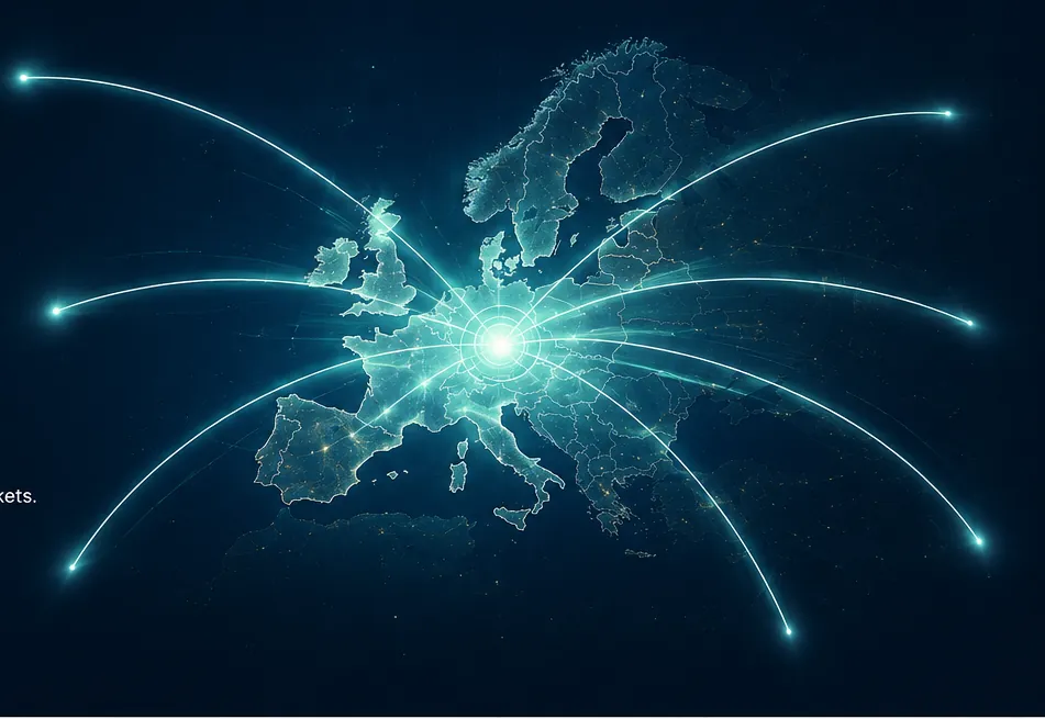 Europe as Upcura's gateway, with routes extending outward toward international markets